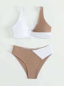 Teen Girls Color Block Ring Linked Bikini Set Summer Beach - Multicolor - View 5