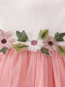 嬰兒貼花方領泡泡袖網紗邊連衣裙 - 彩色 - 查看 3