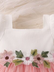 嬰兒貼花方領泡泡袖網紗邊連衣裙 - 彩色 - 查看 4