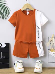SHEIN Young Boy Color-blocked Letter Print Casual Cool Round Neck Regular Sleeve 2pcs Set For Summer - Multicolor - View 1