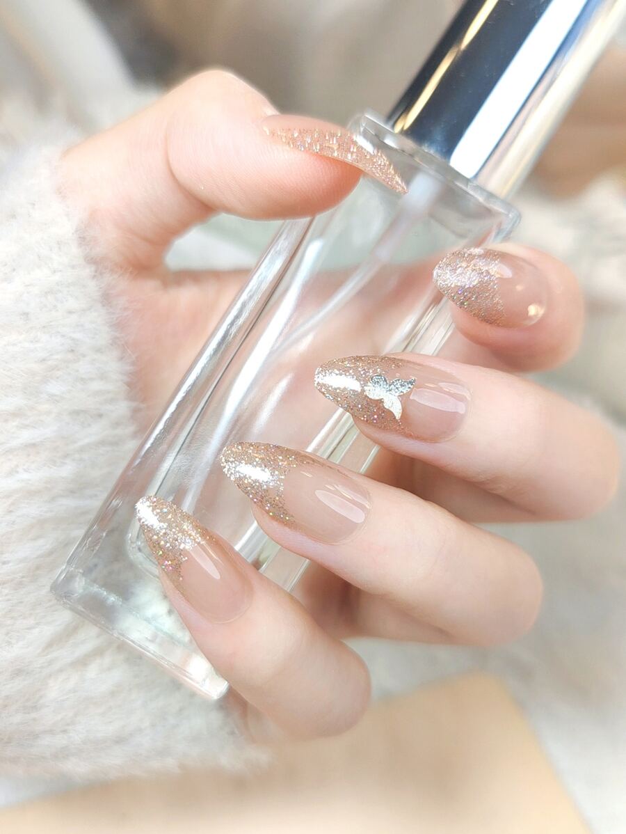 24 chiếc Trang trí hình bướm hạnh nhân dài Móng tay giả & 1 dũa móng tay & 1 băng dính - Nhiều màu - Xem 1