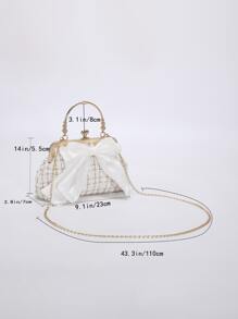 女孩格紋圖案蝴蝶結裝飾吻鎖金屬鏈手提包 - 白色 - 查看 3