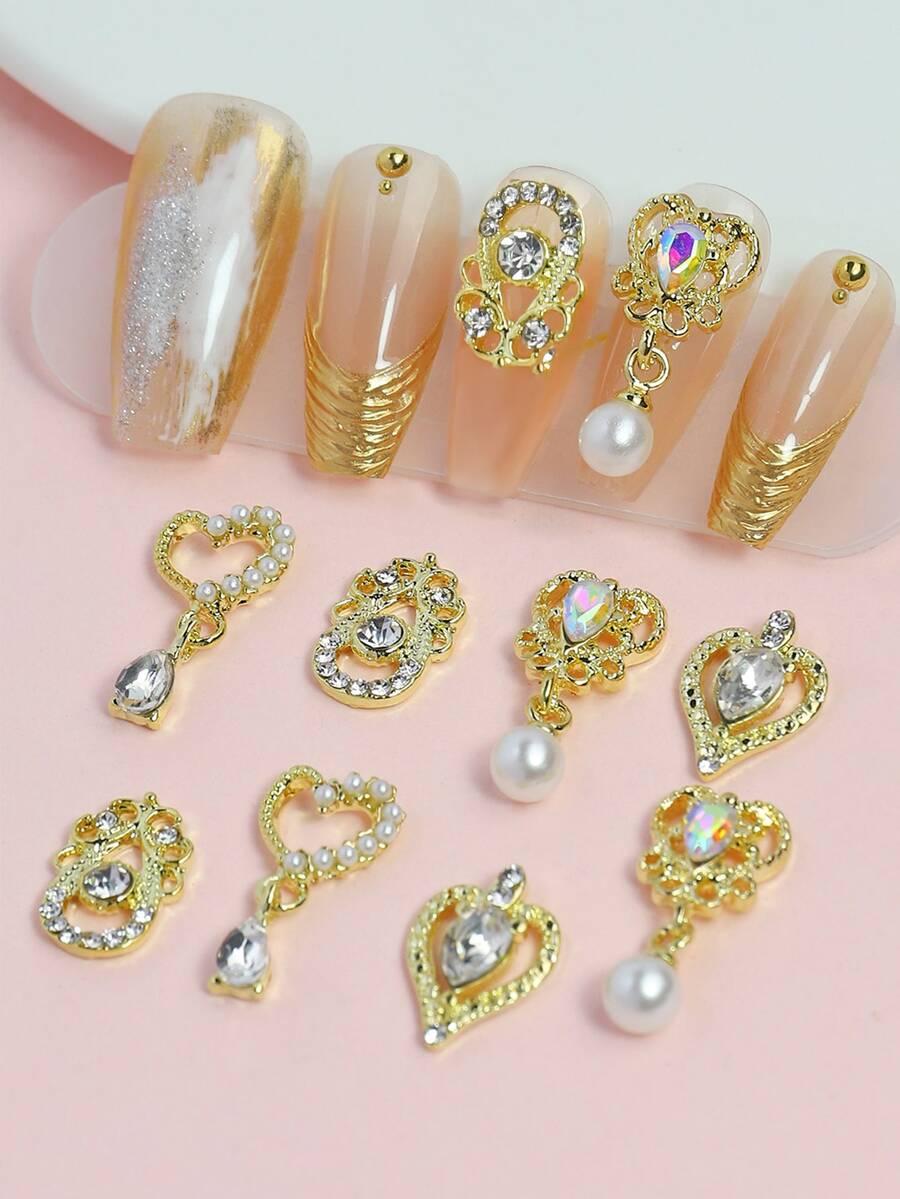 8 miếng đá Rhinestone & ngọc trai giả trang trí móng tay - Vàng - Xem 1