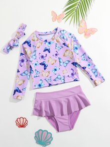 年轻女孩蝴蝶印花荷叶边下摆防晒衣和头带夏日海滩 - 紫丁香色 - 查看 1