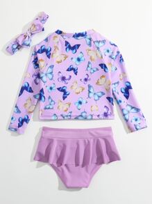 年轻女孩蝴蝶印花荷叶边下摆防晒衣和头带夏日海滩 - 紫丁香色 - 查看 2