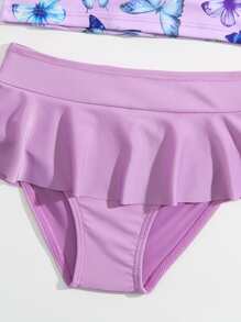 年轻女孩蝴蝶印花荷叶边下摆防晒衣和头带夏日海滩 - 紫丁香色 - 查看 3