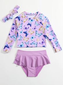 年轻女孩蝴蝶印花荷叶边下摆防晒衣和头带夏日海滩 - 紫丁香色 - 查看 5