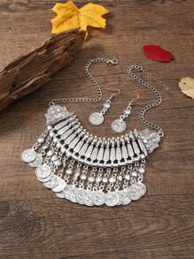 3pcs Coin Decor Jewelry Set - Antique Silver - View 1