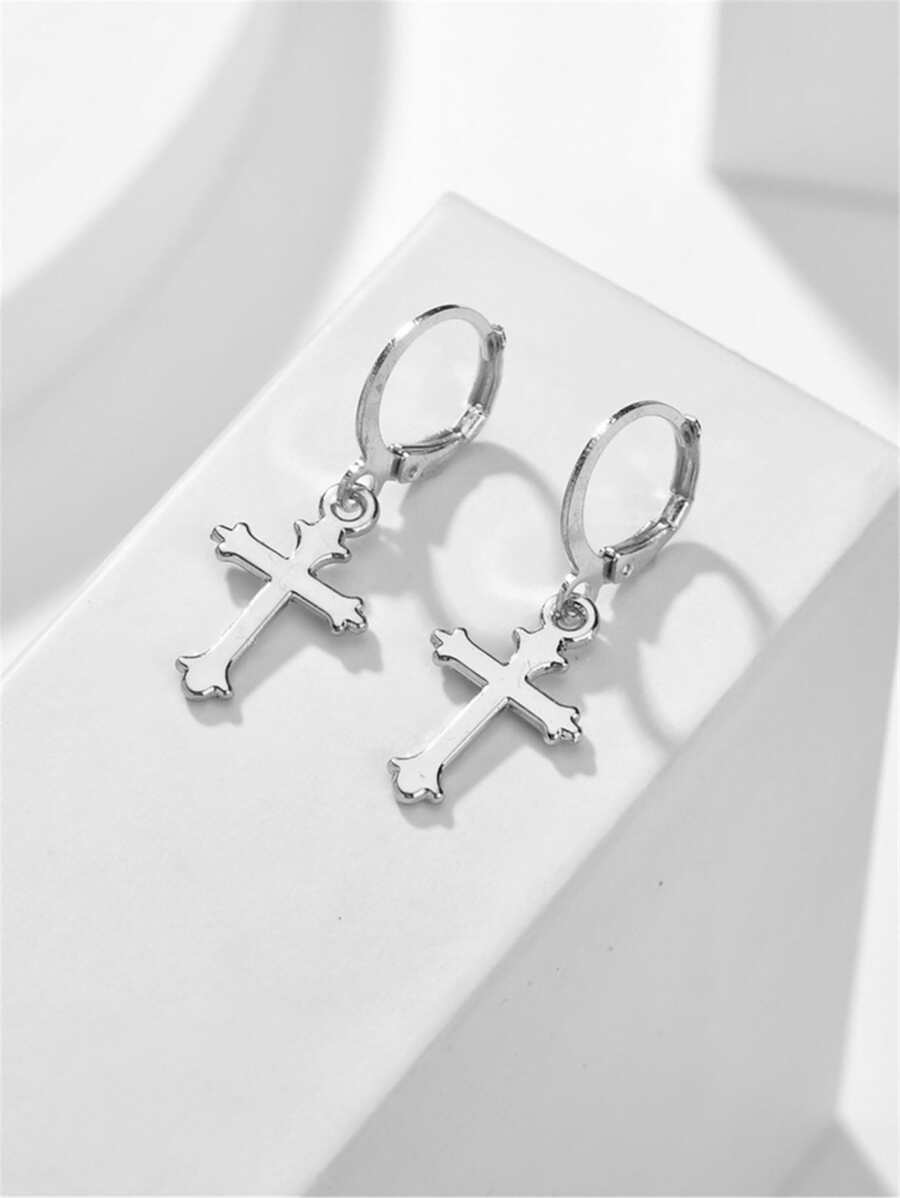 十字架吊坠耳环 - 銀色 - 查看 1