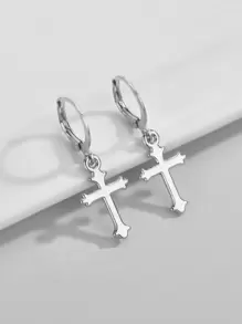 十字架吊坠耳环 - 銀色 - 查看 2