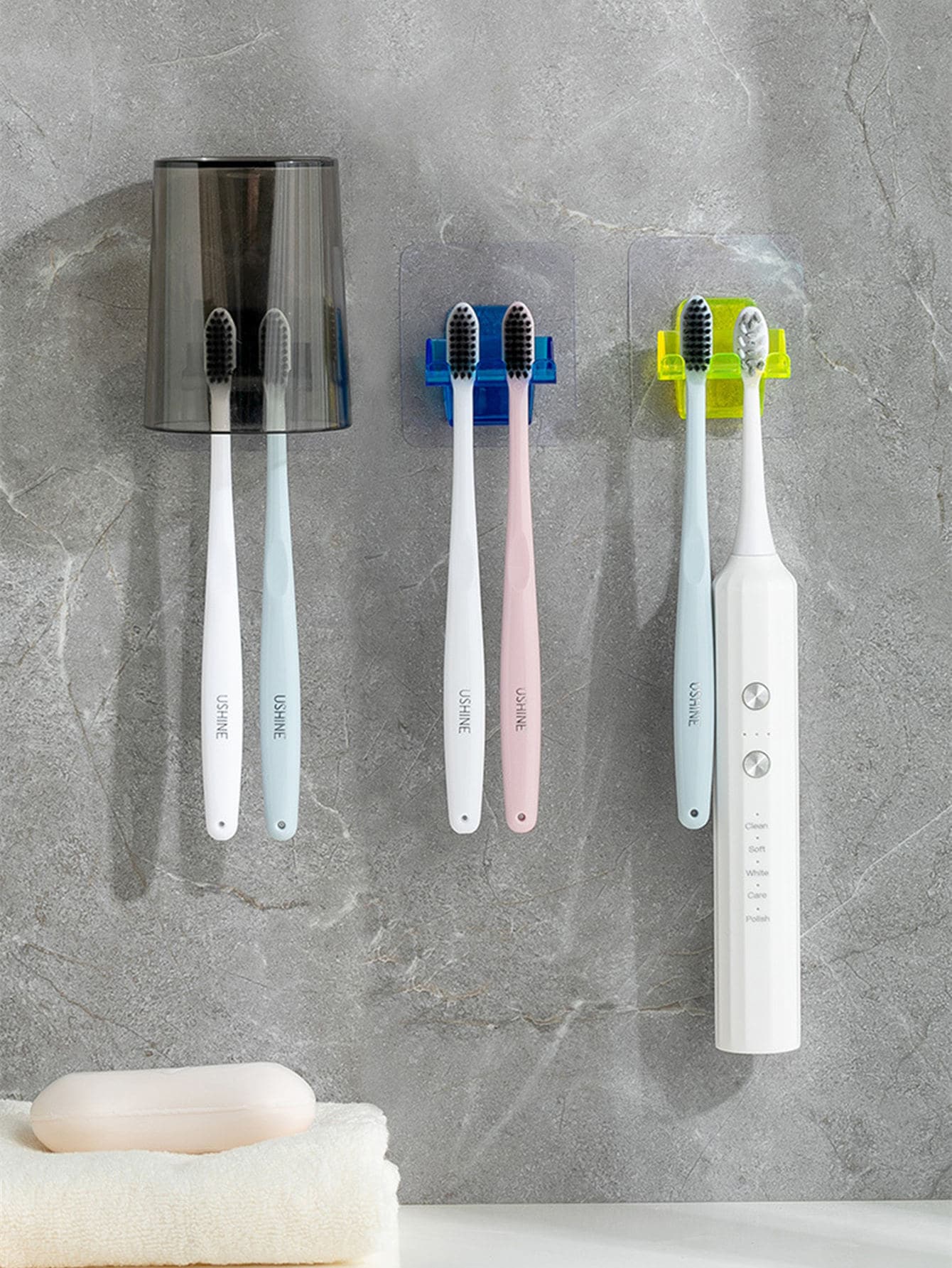 1pc Wall Mounted Toothbrush Holder, Plastic Self Adhesive Toothbrush Storage Rack For Bathroom - Multicolor - View 1