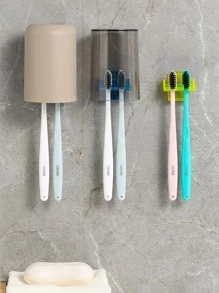 1pc Wall Mounted Toothbrush Holder, Plastic Self Adhesive Toothbrush Storage Rack For Bathroom - Multicolor - View 4