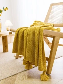 1pc Solid Tassel Decor Blanket - Yellow - View 1