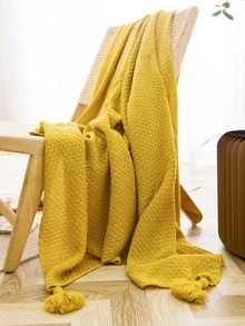 1pc Solid Tassel Decor Blanket - Yellow - View 3