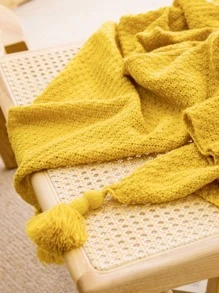 1pc Solid Tassel Decor Blanket - Yellow - View 4