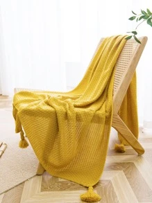 1pc Solid Tassel Decor Blanket - Yellow - View 5