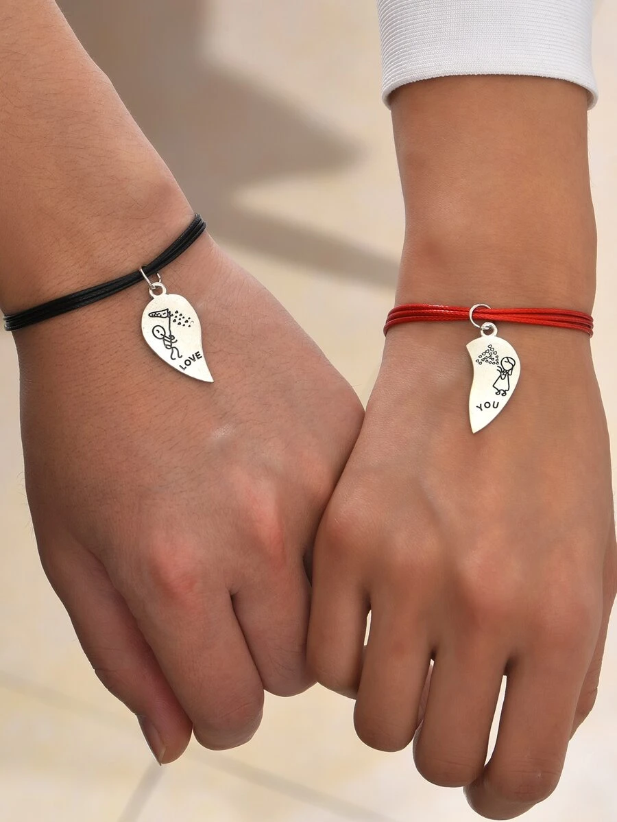 2 piezas Pulsera pareja con diseño de letra con accesorio de corazón - Multicolor - Ver 1