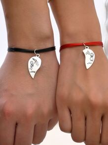 2 piezas Pulsera pareja con diseño de letra con accesorio de corazón - Multicolor - Ver 3