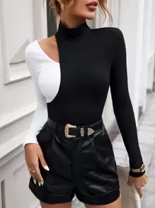 SHEIN Privé Two Tone Cut Out Mock Neck Tee - Black and White - View 4