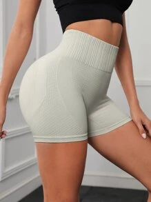 SHEIN Sports 纯色宽带腰运动短裤紧身短裤弹力短裤女士运动短裤、健身短裤、骑行短裤 - 淺灰色 - 查看 4