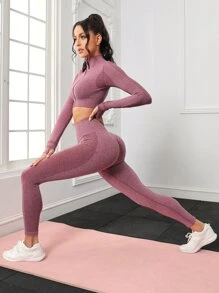 Seamless Thumbholes Top-stitching Zipper Sports Set - Mauve Purple - View 1