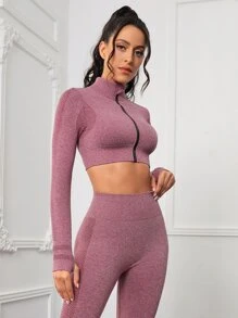 Seamless Thumbholes Top-stitching Zipper Sports Set - Mauve Purple - View 4