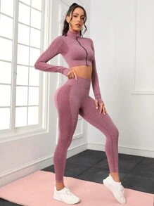 Seamless Thumbholes Top-stitching Zipper Sports Set - Mauve Purple - View 5