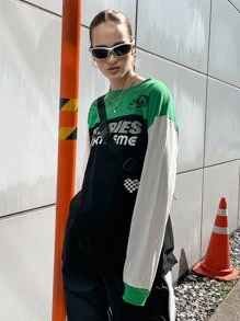 SHEIN 字母圖案撞色落肩T恤 - 彩色 - 查看 4