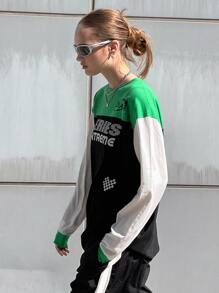 SHEIN 字母圖案撞色落肩T恤 - 彩色 - 查看 5