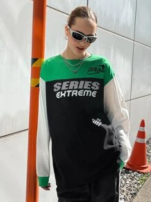 SHEIN 字母圖案撞色落肩T恤 - 彩色 - 查看 7