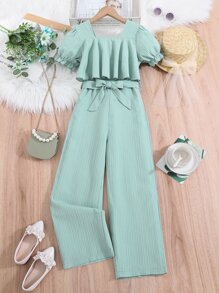 Chicas Mono de manga farol ribete con fruncido con cinturón - verde menta - Ver 1