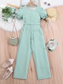 Chicas Mono de manga farol ribete con fruncido con cinturón - verde menta - Ver 2