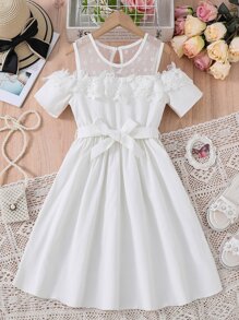 Girls Cold Shoulder Contrast Lace Belted Dress - White - View 1