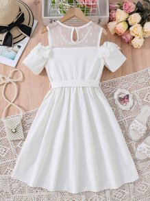 Girls Cold Shoulder Contrast Lace Belted Dress - White - View 2
