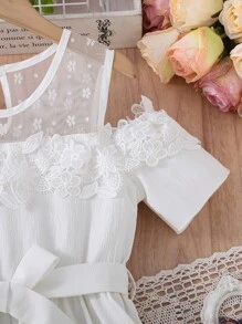 Girls Cold Shoulder Contrast Lace Belted Dress - White - View 3