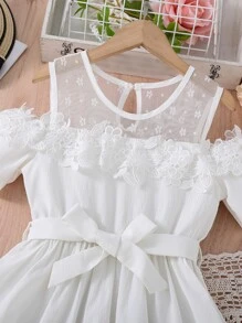 Girls Cold Shoulder Contrast Lace Belted Dress - White - View 6