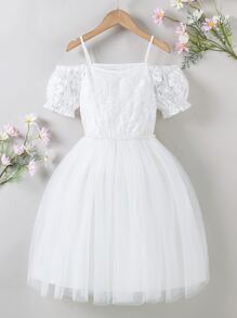 Girls Cold Shoulder Contrast Lace Mesh Hem Dress - White - View 1