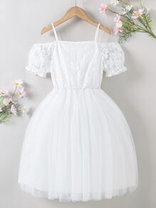 Girls Cold Shoulder Contrast Lace Mesh Hem Dress - White - View 2