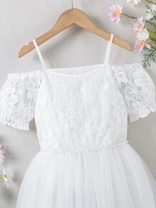 Girls Cold Shoulder Contrast Lace Mesh Hem Dress - White - View 4