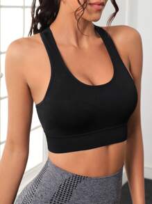 Solid Racer Back Sports Bra - Black - View 1