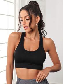 Solid Racer Back Sports Bra - Black - View 3