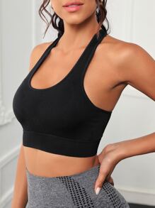 Solid Racer Back Sports Bra - Black - View 5