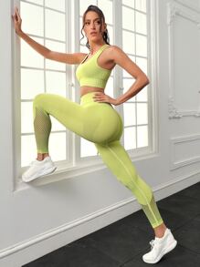 SHEIN Sports 2入組無縫高彈力健身瑜伽套裝套裝工字上衣鏤空褲襪 - 青檸色 - 查看 4