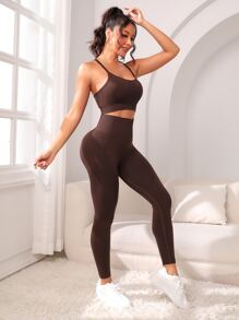 2 Bộ Mono Yoga Bộ đồ tập gym Áo ngực đan chéo lưng & Quần cạp rộng cạp chun - Màu nâu Sô-cô-la - Xem 2