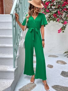 SHEIN Holidaya Butterfly Sleeve Overlap Collar Plisse Jumpsuit - Green - View 5