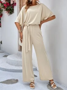 SHEIN LUNE Batwing Sleeve Cut Out Back Tie Front Jumpsuit - Apricot - View 1