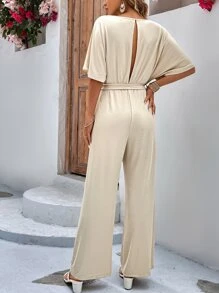 SHEIN LUNE Batwing Sleeve Cut Out Back Tie Front Jumpsuit - Apricot - View 2