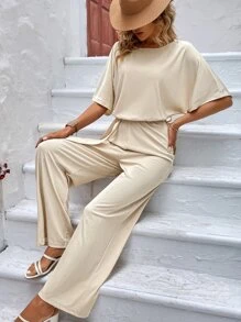 SHEIN LUNE Batwing Sleeve Cut Out Back Tie Front Jumpsuit - Apricot - View 5