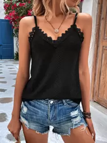 SHEIN Holidaya Guipure Lace Trim Cami Top - Black - View 6