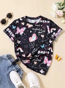 SHEIN 女孩蝴蝶和字母圖案T恤 - 黑色 - 查看 1